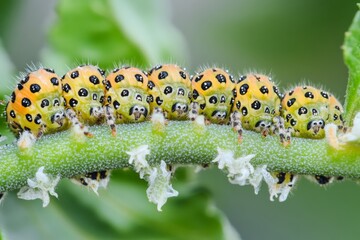 Fototapeta premium Colorful caterpillars feeding on a green leaf during a sunny afternoon in a garden