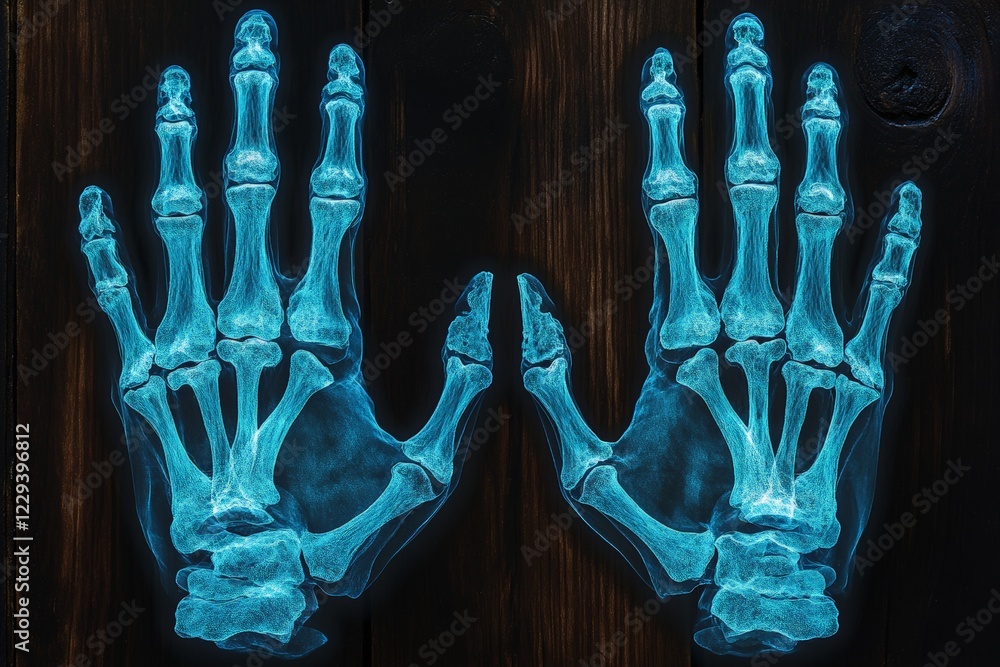 Aufkleber x-rays reveal detailed bone structure of human hands showing intricate skeletal anatomy in clear vie