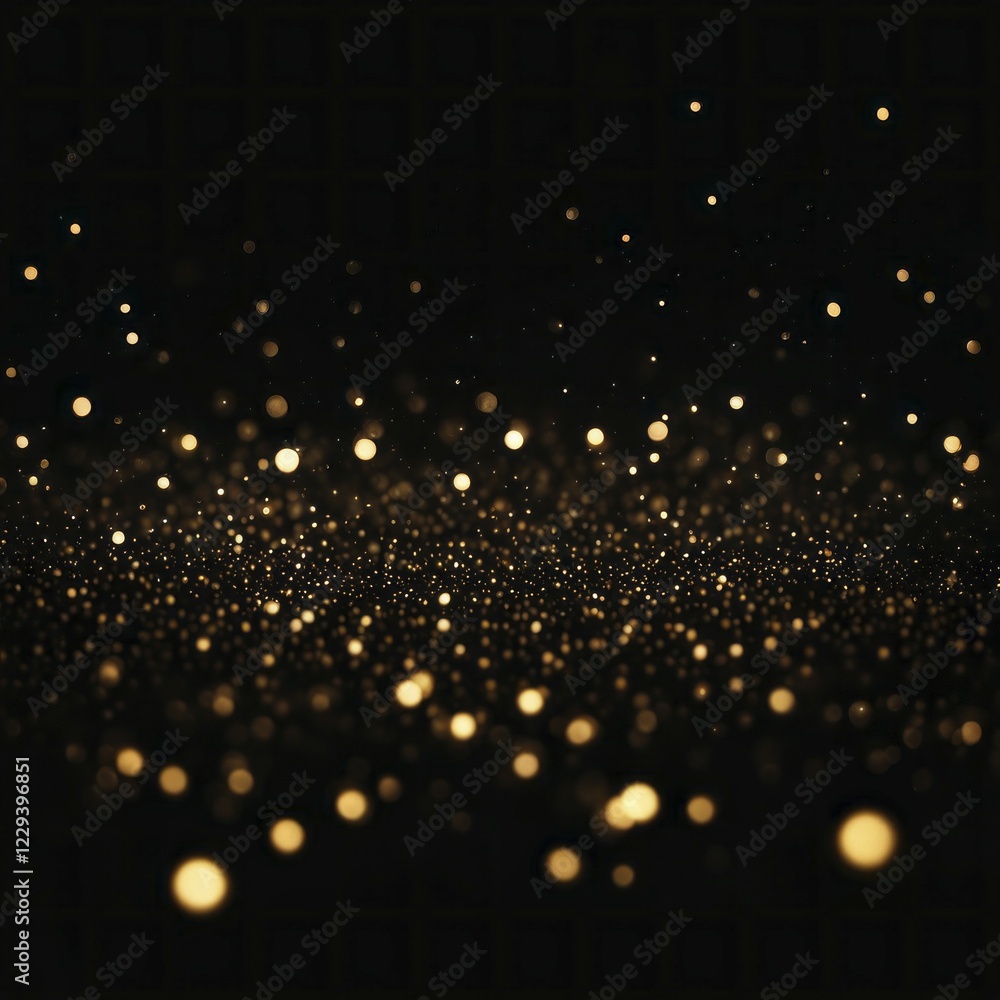 Poster golden particles creating a bokeh effect on a dark background, resulting in a twinkling and sparkly 