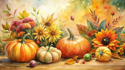 Vibrant watercolor pumpkins and fall flowers in a harvest still life.
