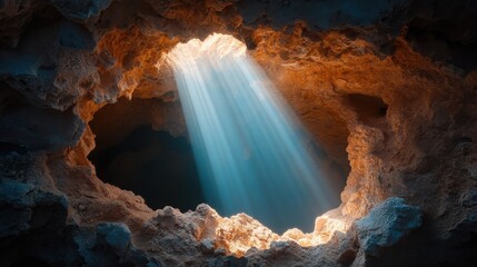 A mysterious underwater cave illuminated by sunlight streaming through cracks.
