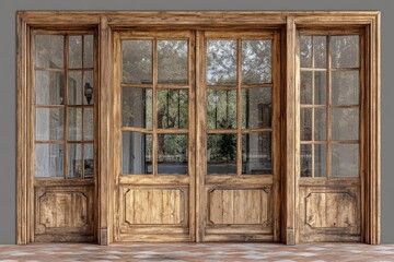 Wooden double door with large glass panes set in a rustic building surrounded by greenery during daytime