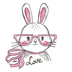 Hand drawn cute bunny, rabbit with bow and the inscription love. Vector illustration in cartoon style