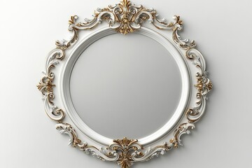 Ornate round mirror with intricate gold and white frame reflecting light on a neutral wall