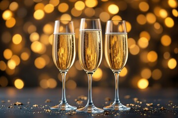 Three champagne glasses filled with sparkling liquid, golden bokeh lights in the background, festive and celebratory concept, elegant and bright. Ai generative