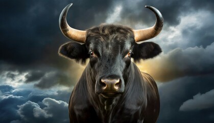 Naklejka premium Black bull in front of dark clouds and stormy sky, AI generated, AI generated