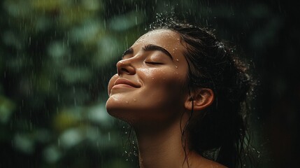 A European woman in the rain, her face lifted to the sky, eyes closed, smiling as she enjoys the moment.