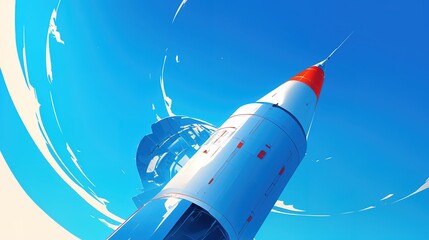 The rocket illustration looks modern with white, blue and a little red. The coloring style is semi-3D