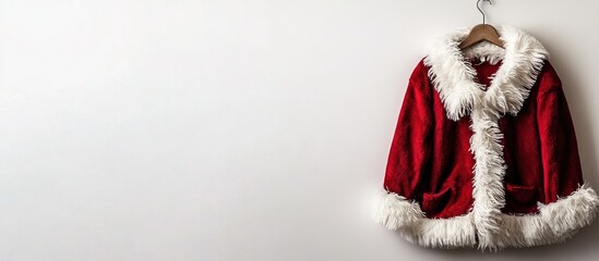 Santa Claus suit hanging on a white wall.