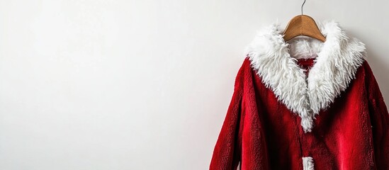 Santa Claus suit hanging on white wall.