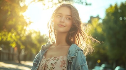 A model wearing a light floral dress, paired with a denim jacket, walking through a sunny street lined with trees, showcasing the fresh and airy vibe of spring fashion.