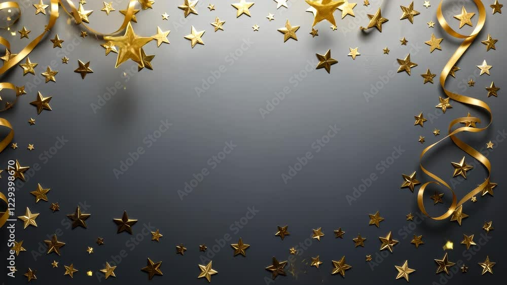 Poster golden stars and ribbons arranged in a circular pattern on a dark background ideal for festive event
