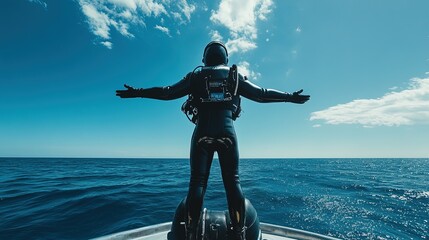 Scuba diver standing on a boat with arms open, facing the sea.