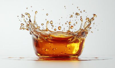 Amber liquid splashing in glass on white background, studio shot