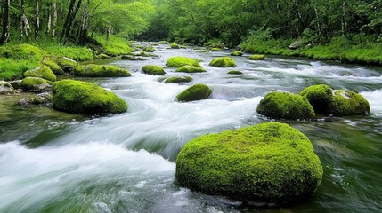 Fototapeta premium Green Mossy Rocks in a Flowing River