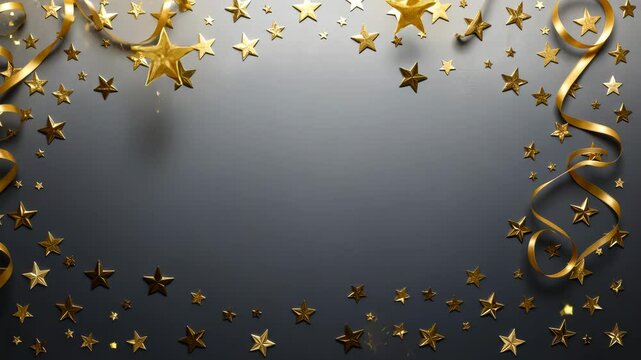 Golden stars and ribbons arranged in a circular pattern on a dark background ideal for festive events
