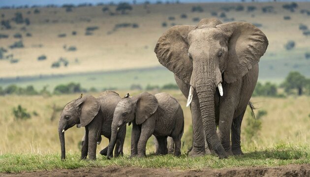 KI generated, animal, animals, mammal, mammals, biotope, habitat, three, foraging, wildlife, Africa, Kenya, african elephant (Loxodonta africana), elephant cow and two young animals, Africa