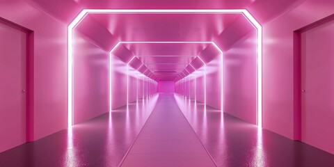 Futuristic long pink hallway with lights. Generative Ai, AI generated