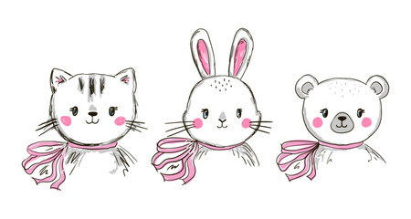 three adorable animal faces: a cat, a rabbit, and a bear, all wearing matching scarves. Their charming expressions and soft, minimalistic style add a playful and cute vibe.