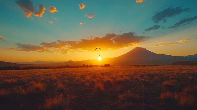 A person paragliding during sunset, with the sky painted in vibrant colors and a mountain range in the distance.