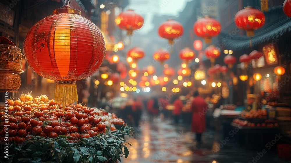 Wall mural Red lanterns illuminate a rainy market street