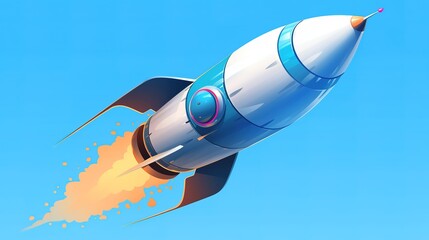 The rocket illustration looks modern with white, blue and a little red. The coloring style is semi-3D
