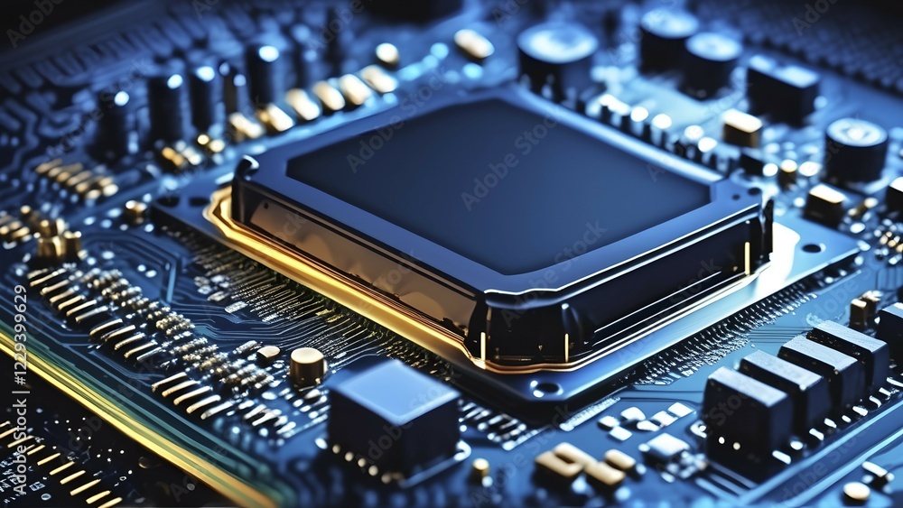 Poster close-up of a printed circuit board with microchip processor cpu, various electronic components and 