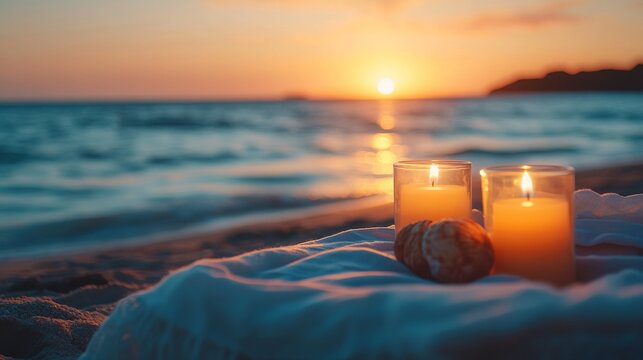 Couples' romantic getaways a romantic candlelit dinner on the beach, with a small table for two, surrounded by soft, white linen, and the ocean in the background as the sun sets.