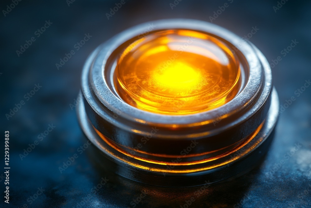 Poster button with a glowing amber light illuminated against a dark background in a close-up view