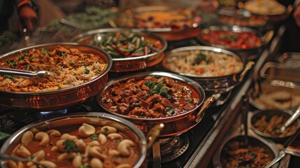 Obraz premium Lavish buffet with an assortment of traditional dishes displayed in copper pots with steam rising, AI generated
