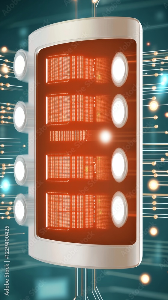 Poster a futuristic design featuring a glowing orange panel with lights, set against a digital background o