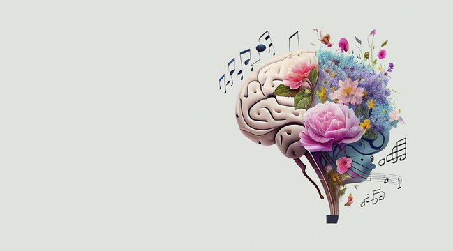 Human brain tree with flowers and music notes, self care and mental health concept, positive thinking, creative mind