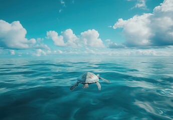 Naklejka premium Majestic Sea Turtle Swimming Gracefully in Crystal Clear Ocean Under Bright Blue Sky with Soft White Clouds and Tranquil Water Surface