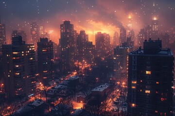 Fototapeta premium Buildings in a city at night with lights shining