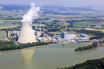 Aerial view, EON nuclear power plants Isar I and Isar II with reactor buildings and cooling tower...