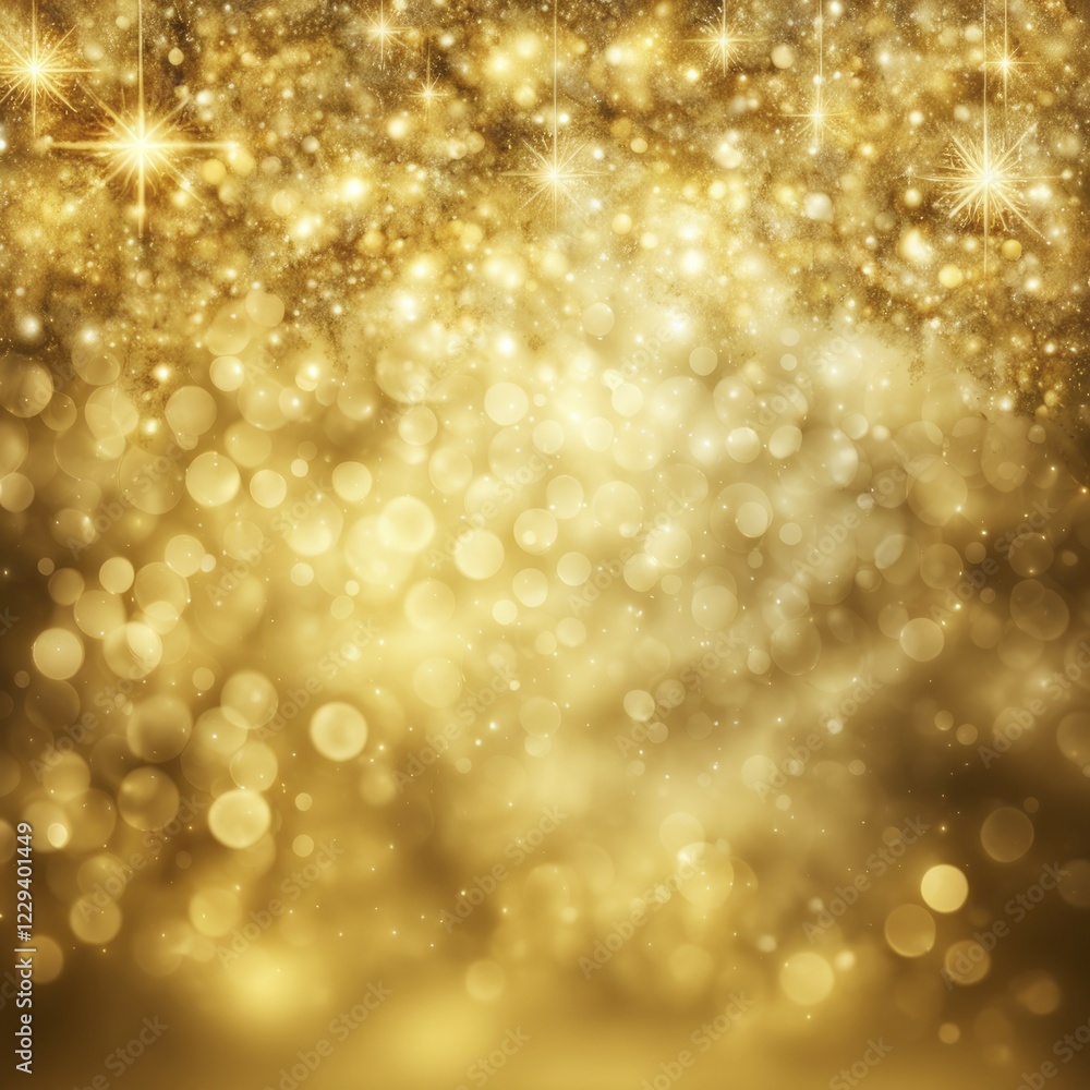 Poster glowing gold bokeh background with star-like lights, creating a warm and festive abstract atmosphere