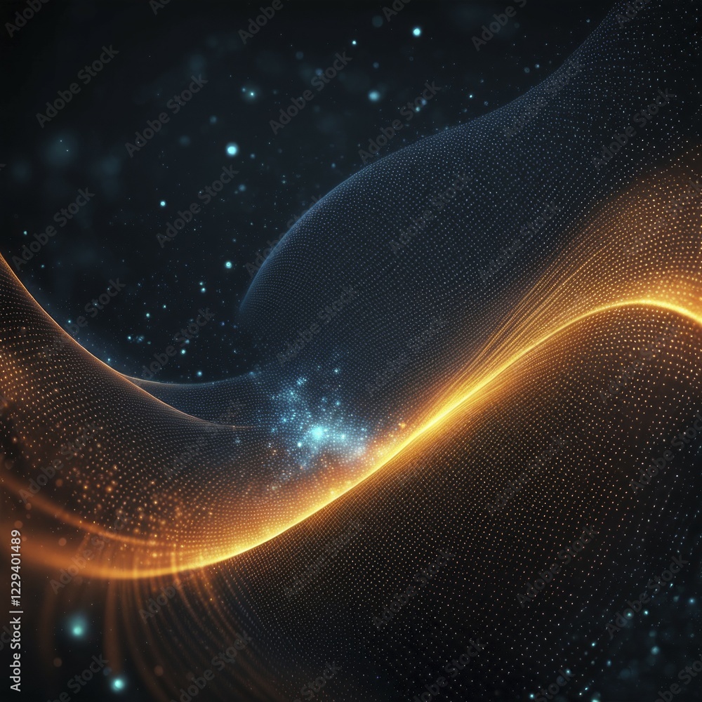 Poster fluid light waves in blue and orange over a dark background with glowing particles, creating a futur