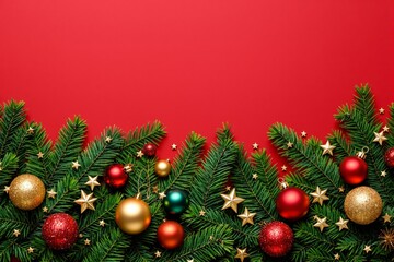 Green pine branches adorned with red, gold ornaments, and stars on a vibrant red background. Festive holiday concept. Ai generative
