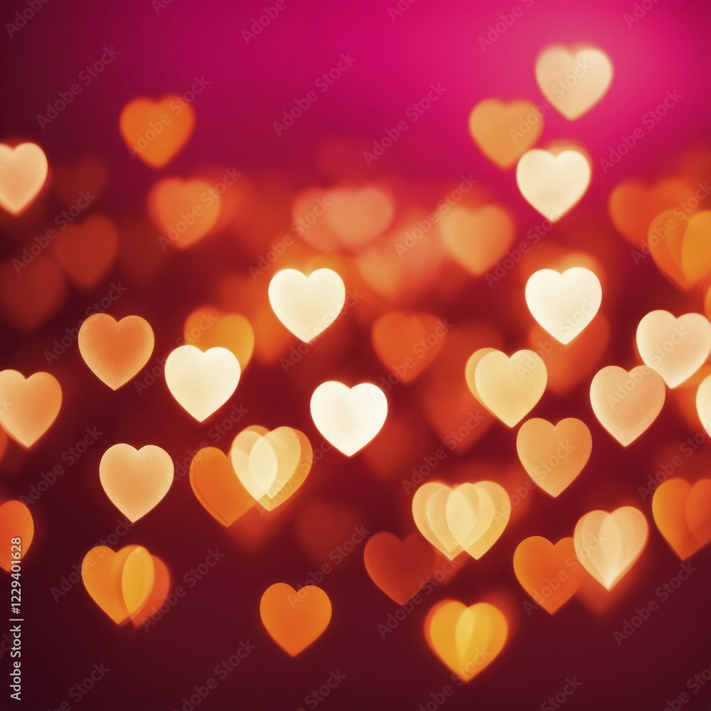 Poster heart shapes with a glowing effect against a red and orange bokeh background, creating a romantic an