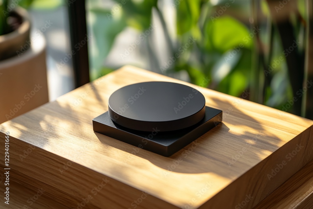 Aufkleber minimalist design of a black circular object resting on a wooden surface with plant shadows in soft 