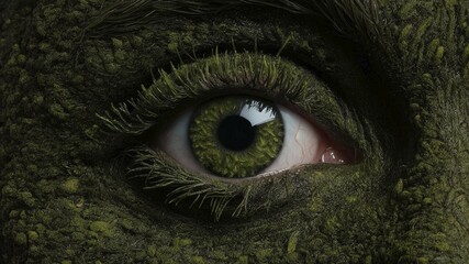Obraz premium Close-up of an eye with mossy textures melding with greenery, moss growing and thriving, creating a mystical and enchanting effect, earth day concept, AI generated