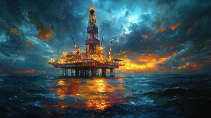 Obraz premium Majestic offshore rig sunset ocean drama
