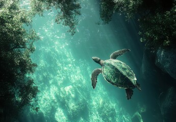 Obraz premium Majestic Sea Turtle Swimming Gracefully in Vibrant Coral Reef Underwater Blue Green Atmosphere with Soft Light Rays Breaking Through Water Surface