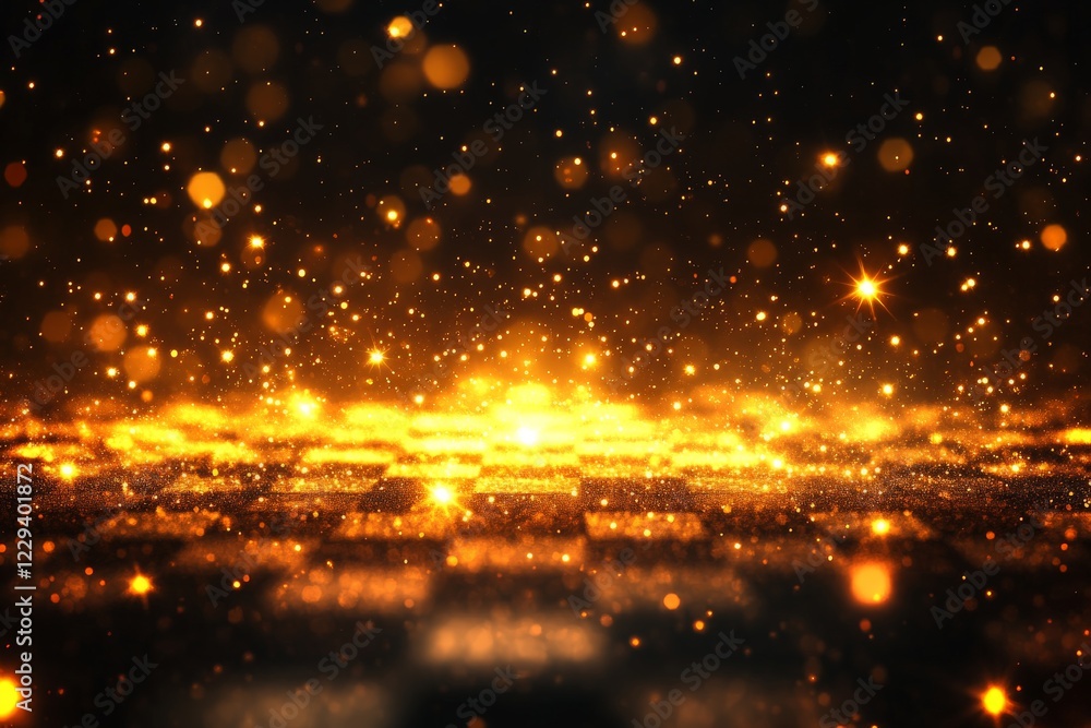 Poster Sparkling golden lights create a mesmerizing visual display on a dark background during an evening event