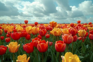 A field of vibrant orange and yellow tulips in full bloom under a cloudy sky, AI generated