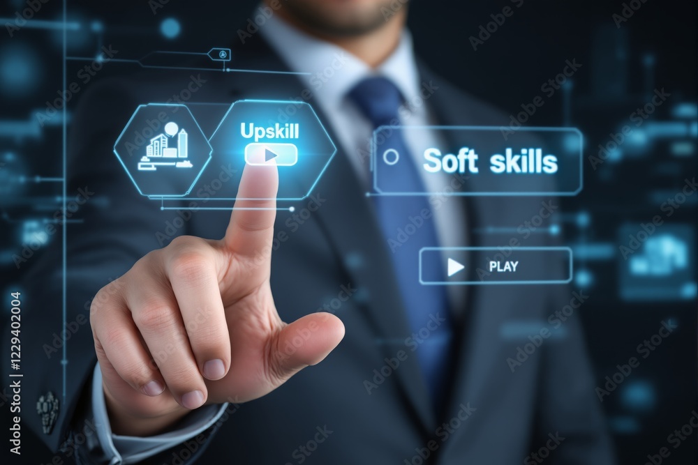 Poster hand touching futuristic interface with upskill and soft skills icons, glowing blue light on a dark 