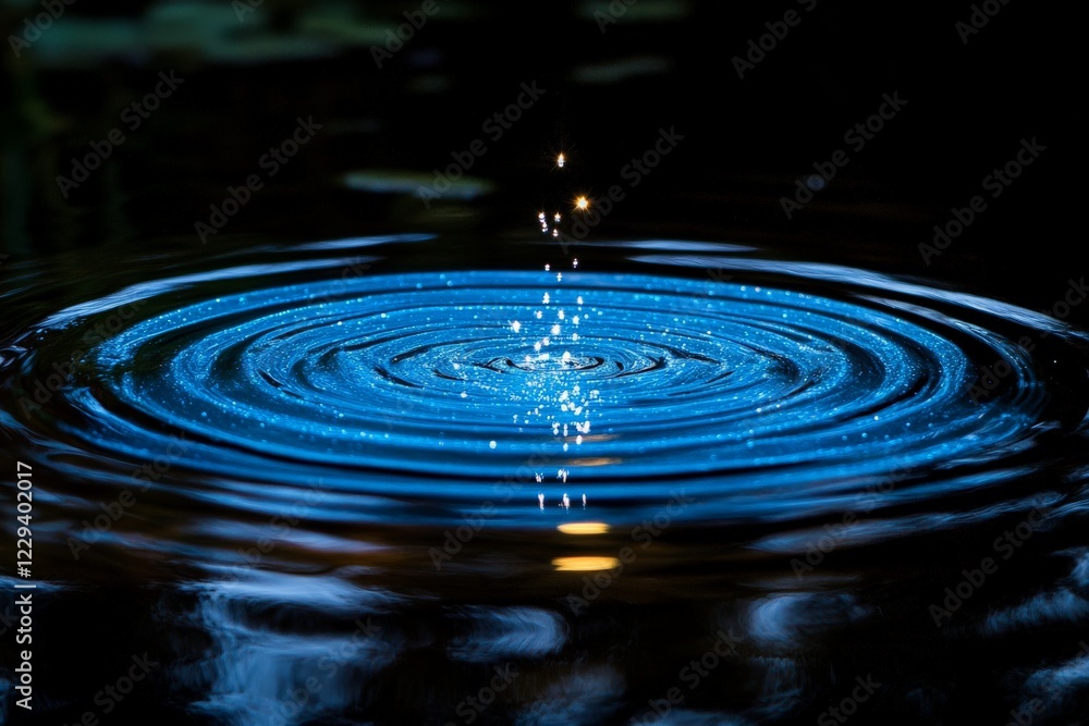 Poster ripples form in a tranquil pool as a droplet falls during a serene moment in nature