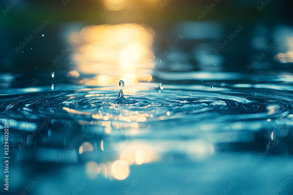Poster water droplet creates ripples on surface during golden hour in tranquil setting