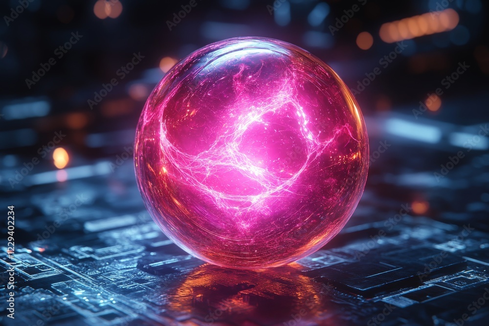 Poster vibrant energy sphere glowing in a futuristic digital environment with intricate circuitry