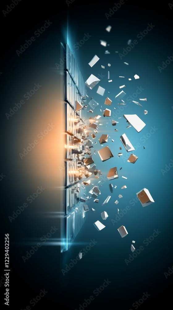 Poster a dynamic visual of a digital explosion, showcasing fragments emerging from a screen against a dark 